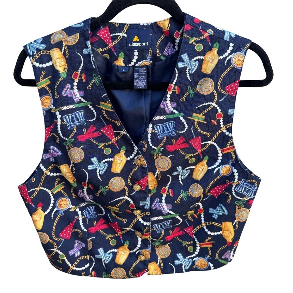 LizSport Vintage 90s Womens‎ Vest Colorful Cropped Chain Trinket Gold Buttons 6